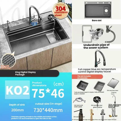 Gray 304 Stainless Steel Kitchen Sink Wash Dish Bowl Nano Embossing Large Single Slot Multifunctional Household Undermount Basin