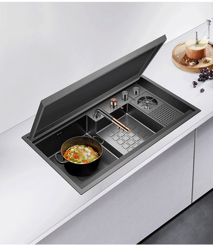 ASRAS Nanometer Black Flip Cover Hidden kitchen Sink 304 Stainless Steel 4mm Thickness Handmade Stepped Sinks Cup Rinser Sinks
