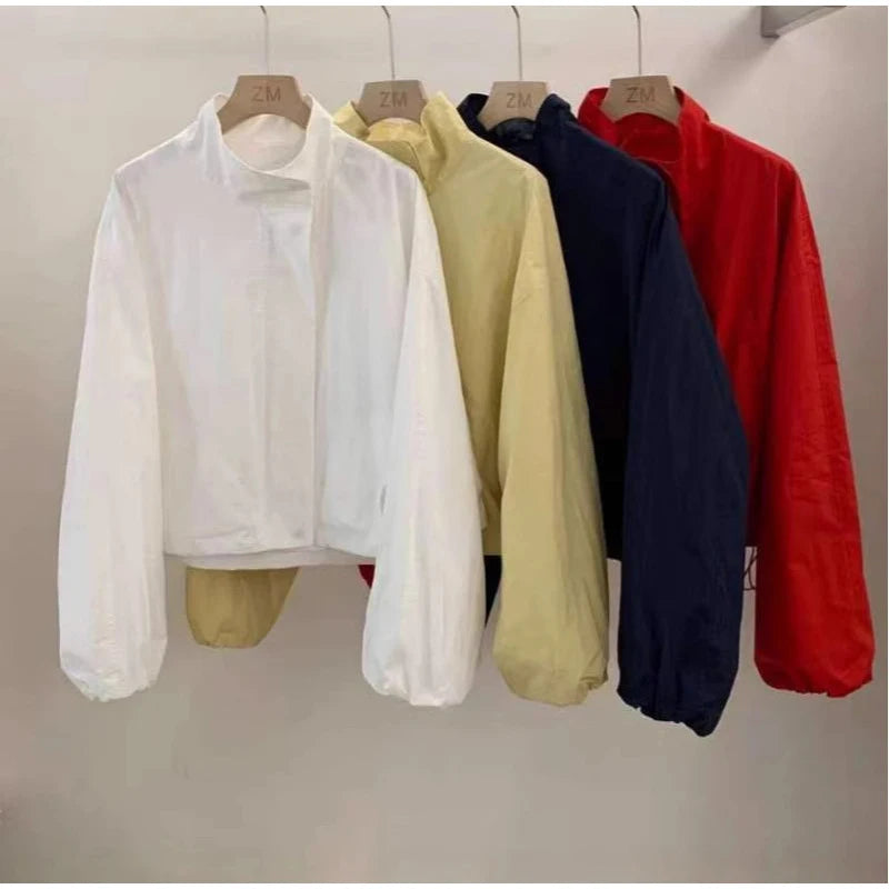 Straße Solide Zipper Dünne Jacke Frauen Stehen Kragen Volle Hülse Kordelzug Straße Jacken 2025, Herbst Dame Casual Outwears Neue.
