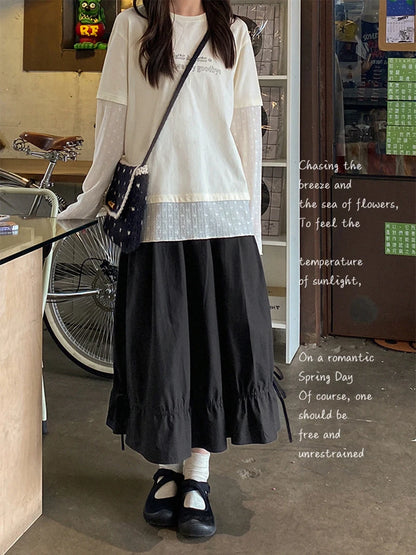 Vintage Black Midi Skirt Women Japanese Harajuku Drawstring Bud Skirts Summer Streetwear Korean Casual Design A Line Faldas New.