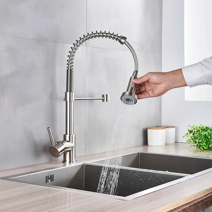 Spring Brushed Nickel Kitchen Faucet Deck Mounted Mixer Tap 360 Degree Rotation Stream Sprayer Nozzle Kitchen Sink Hot Cold Taps