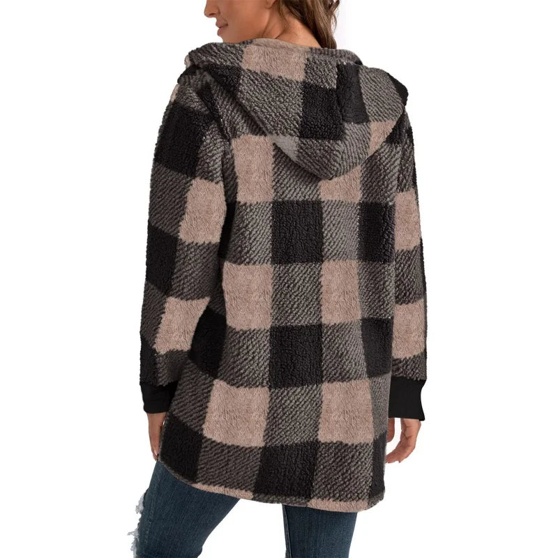Frauen Herbst Winter Doppel Fleece Plaid Strickjacke Weiche Lose Lange Hülse Plüsch Warme Mit Kapuze Jacke Weibliche Patchwork Oberbekleidung Mantel.