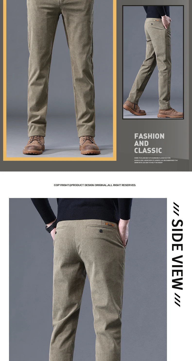 Khaki Black Gray Fleece Men's Corduroy Casual Pants Chenille Thick Stretch Business Trousers Mid-rise Brand Winter Thermal Pants.