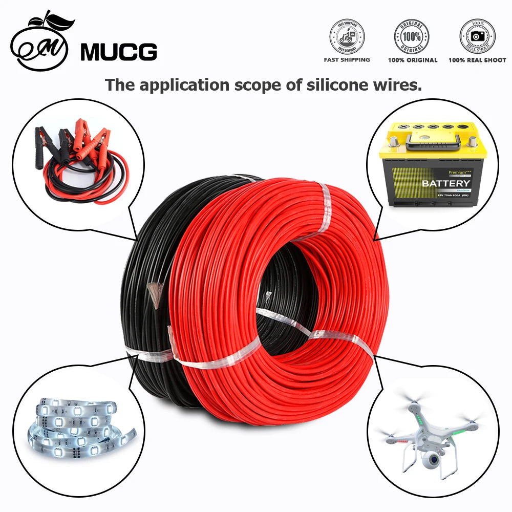 Black Red Silicone cable Super soft Silicone wire 1-26 Gauge Tinned copper Electrical wires 1 2 4 5 6 7 8 9 10 11 12 13 14 AWG.