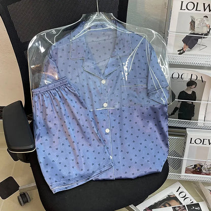 Sommer Damen Eis Seide Premium Gefühl Pyjamas Homewear Set Mädchen Kurzarm Sexy Spitze Spitze Einfache Pyjamas Homewear Set.