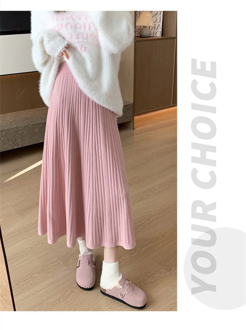 Sweet Vintage Knitted Long Skirts Women Preppy Style High Waist Loose A Line Skirts Fall Winter Retro Simple Elegant Long Skirts.