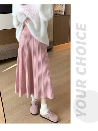 Sweet Vintage Knitted Long Skirts Women Preppy Style High Waist Loose A Line Skirts Fall Winter Retro Simple Elegant Long Skirts.