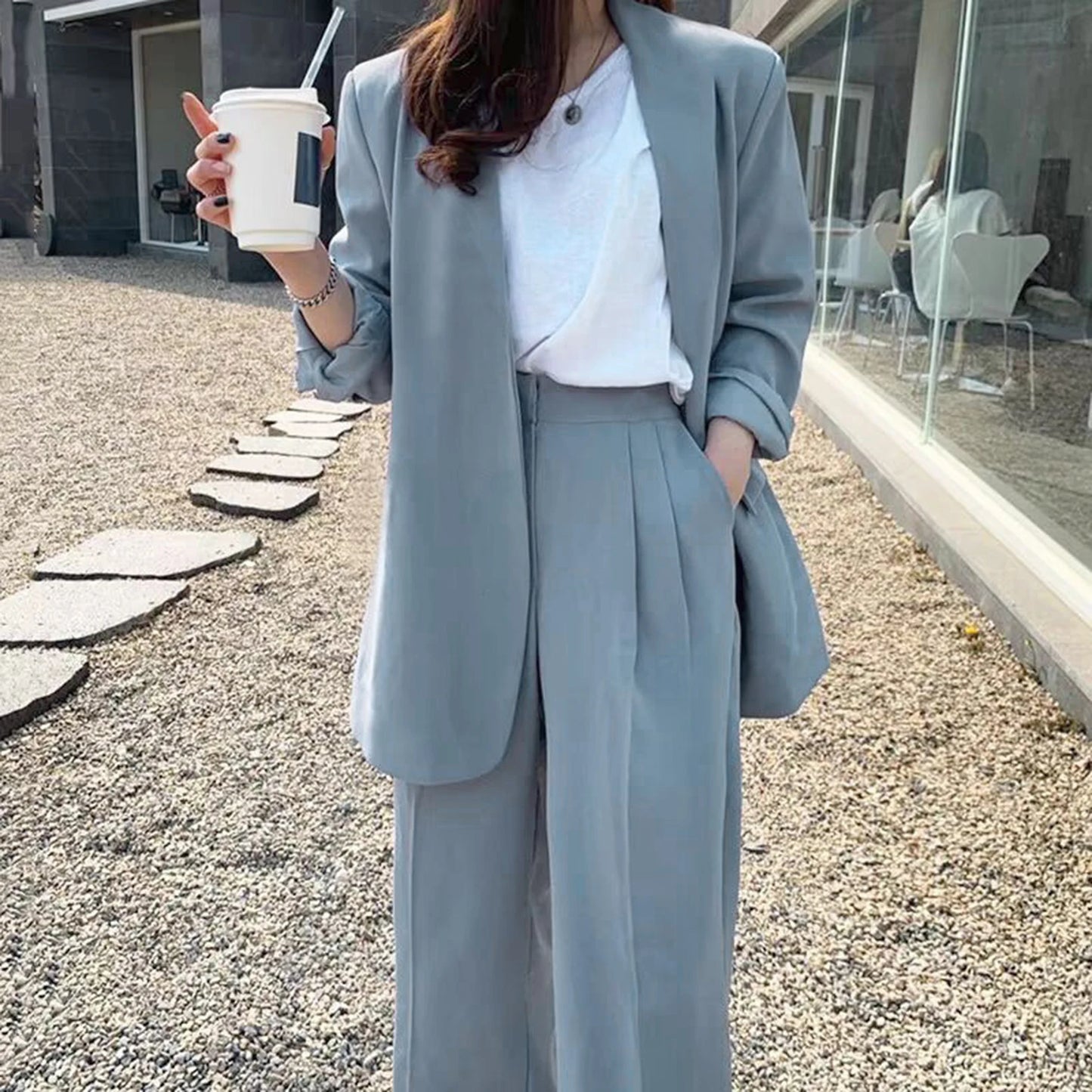 Wide Leg Suit Pants Set Elegant Women Business Suit Set Cardigan Jacket High Waist for Professional Lady Formal Coat Pants Set.
