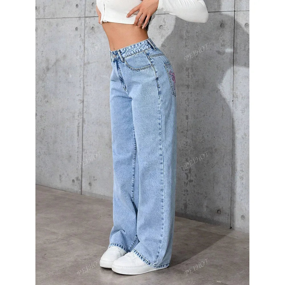 Fashionable Loose Women's Jeans High Waist Straight Leg Summer New Style Printed Trendy Cross-Border Denim Pants.