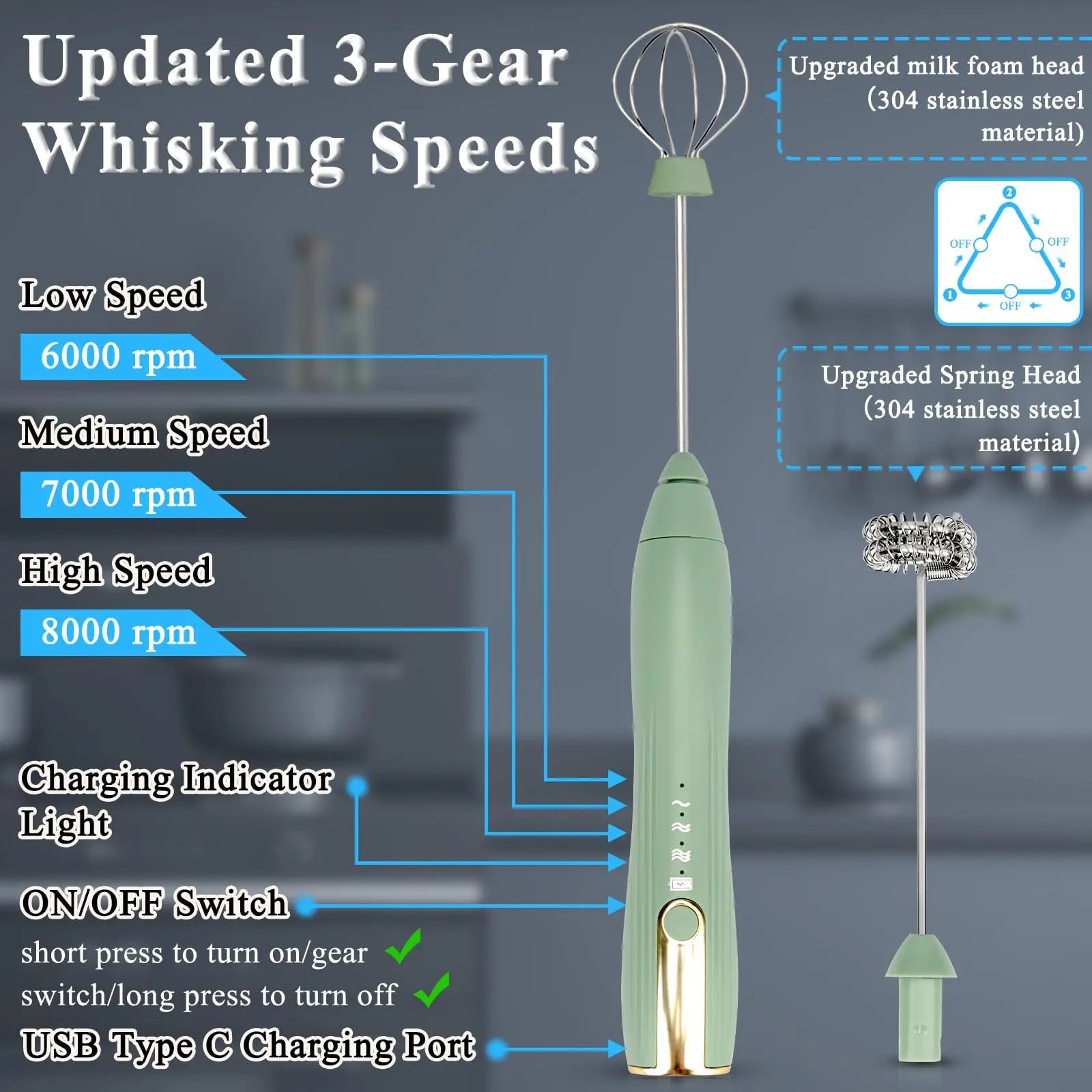 Rechargeable Electric Egg Beater With Stand Bracket 3 Speeds Adjustable Hand Whisk Drink Mixer Milk Frother for Coffee , Matcha.