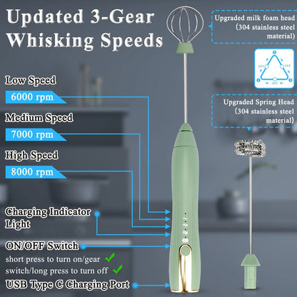 Rechargeable Electric Egg Beater With Stand Bracket 3 Speeds Adjustable Hand Whisk Drink Mixer Milk Frother for Coffee , Matcha.