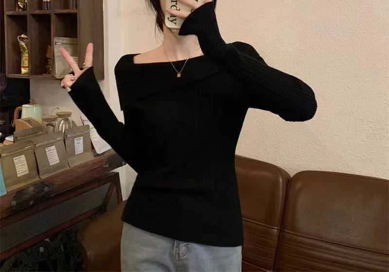 Solide Sexy Schlank Off Schulter Slash Neck Langarm Stricken Pullover Frauen Jumper Büro Mode Neue.