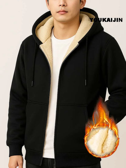 Men's Warm Fleece Hoodie Autumn Winter Sherpa Lined Full-Zip Solid Color Sweatshirt Jacket Coat.