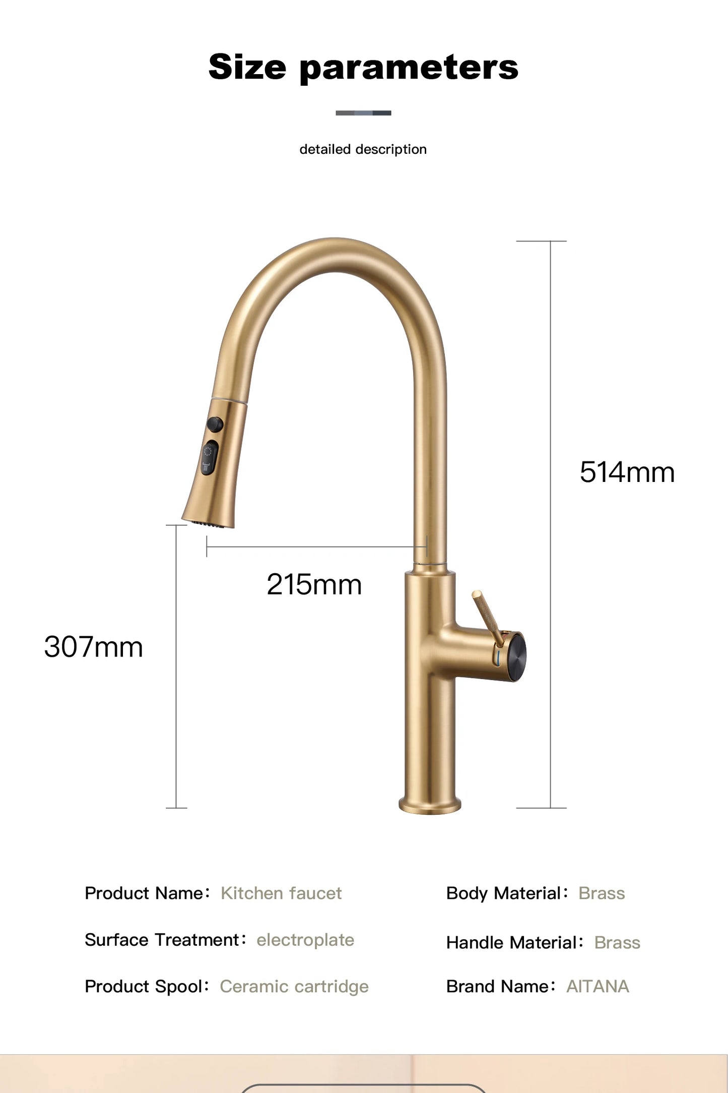 Luxury brushed gold kitchen faucet with pull-out design, 1-hole single handle cold and hot dual control dual function sink Tap