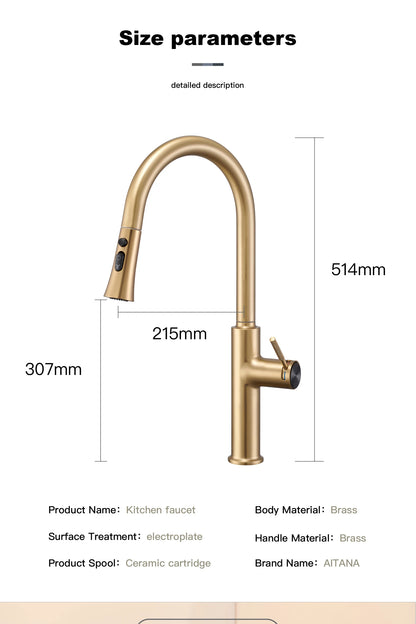 Luxury brushed gold kitchen faucet with pull-out design, 1-hole single handle cold and hot dual control dual function sink Tap