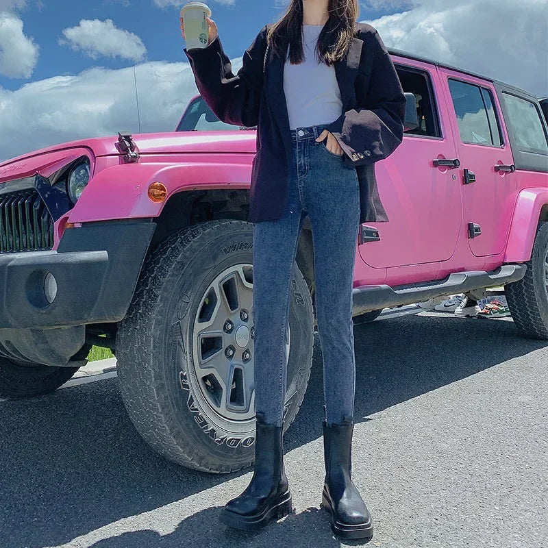 New High-Waisted Slimming Stretch Denim Jeans Women's Autumn/Winter 2021 Outerwear Smooths Your Silhouette Pencil Skinny Trouser.