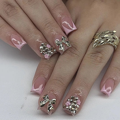 White Glitter Powder Bowknot Long Pointed Fake Nails Art Ballet False Nail Cow Print Pearl Rhinestone Pink Almond Press on Nails.