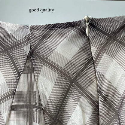 Flowing Check Midi Skirt 2025 Spring Summer New Retro Long Skirt Seaside Holiday Casual Brown Women Clothing.