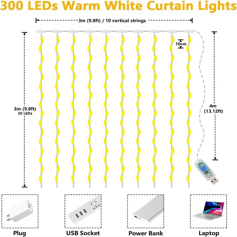 300 LED-Vorhang-Lichterkette, 8 Modi, USB-Stecker, Kupferdraht, Lichterkette für Schlafzimmer, Fenster, Weihnachten, Hochzeit, Party, warmweiß.