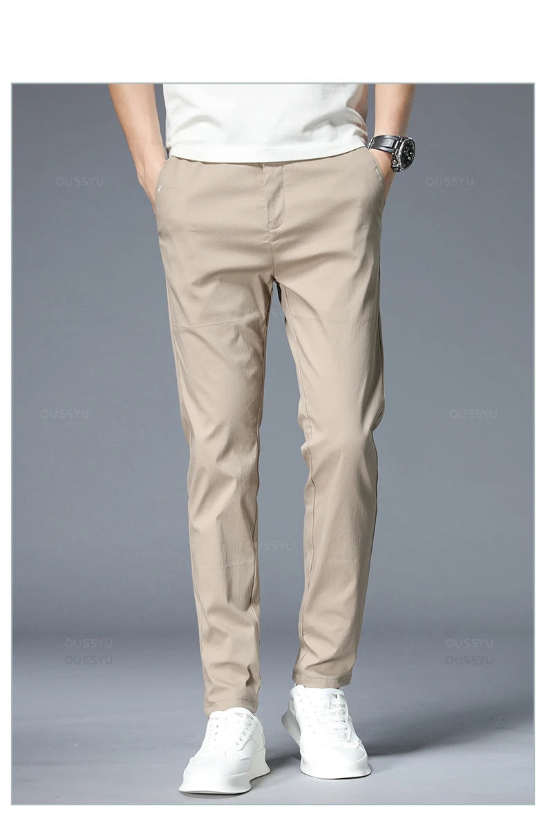 Spring Summer Casual Pants Men Thin Stretch Slim Fit Elastic Waist Business Classic Korean Trousers Male Khaki Gray 38.