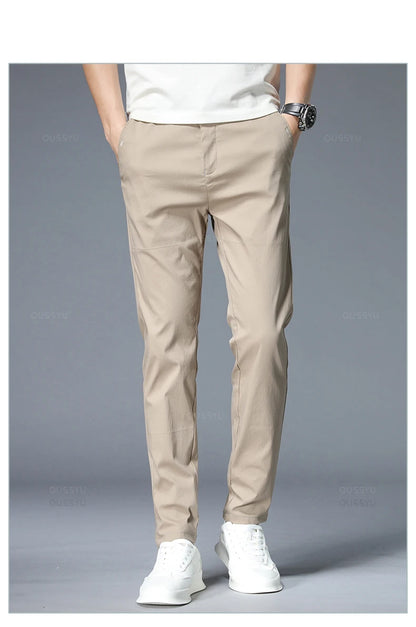 Spring Summer Casual Pants Men Thin Stretch Slim Fit Elastic Waist Business Classic Korean Trousers Male Khaki Gray 38.