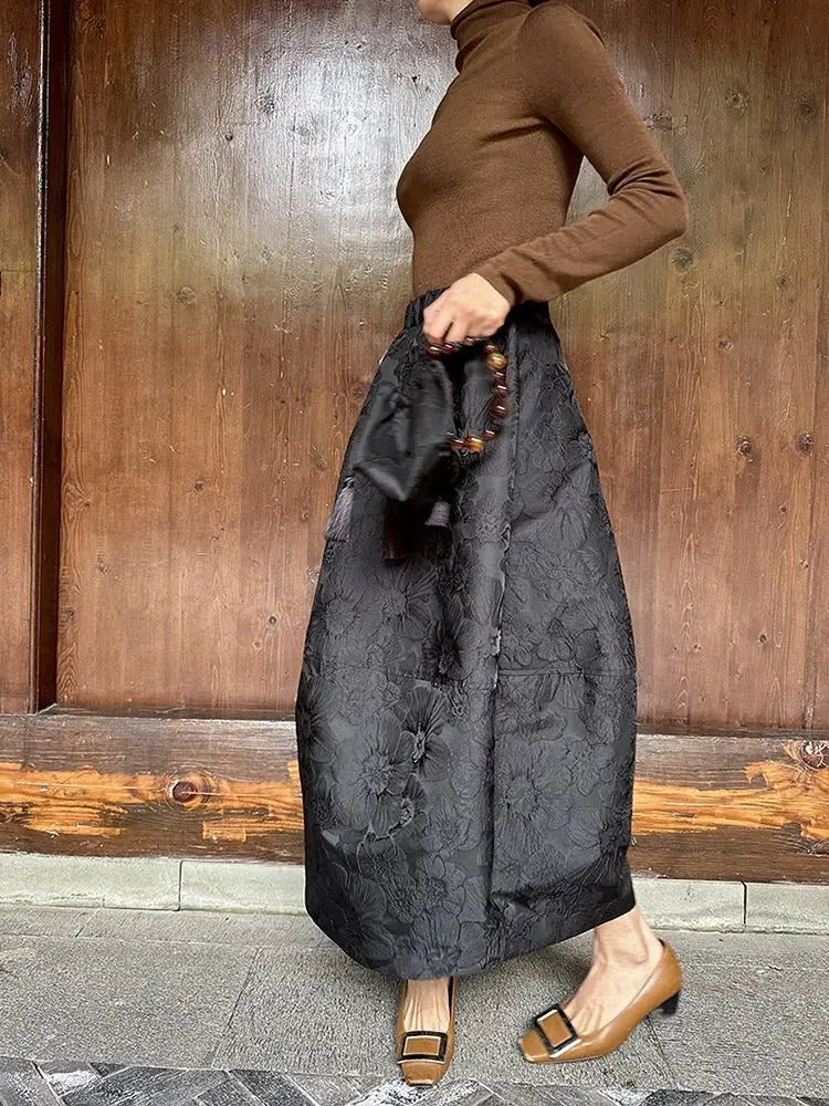 2024 New Arrival Spring/summer Arts Style Women Casual Loose Fit Elastic Waist A-line Jacquard Design Ankle-length Skirt P02.