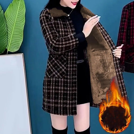 Frauen Plaid Mantel Karierten Winter Mutter Jacke Taschen drehen-unten Kragen einreiher Mid Länge Mantel Mid-aged frauen Mantel.