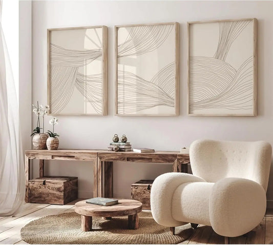 3 Pcs/Set Modern Abstract Wall Arts Beige Bohemian Canvas Mid-Century Piece Posters Geometric Line Printed Painting, No Frame.