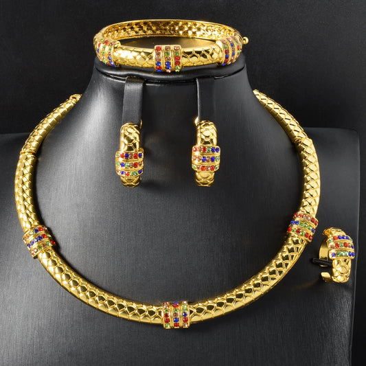 Luxury 18k Gold-Plated Women's Jewelry 4-Piece Round Necklace Bracelet Earrings Ring Gold Classic Dubai Wedding Gift.