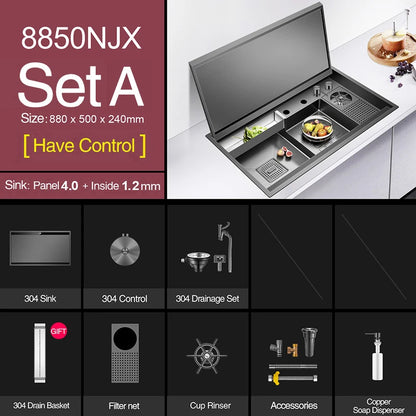 ASRAS Large Size Flip Cover Hidden Island Kitchen Sink 304 Stainless Steel 4mm Thickness Handmade Stepped Sink Cup Rinser Sinks