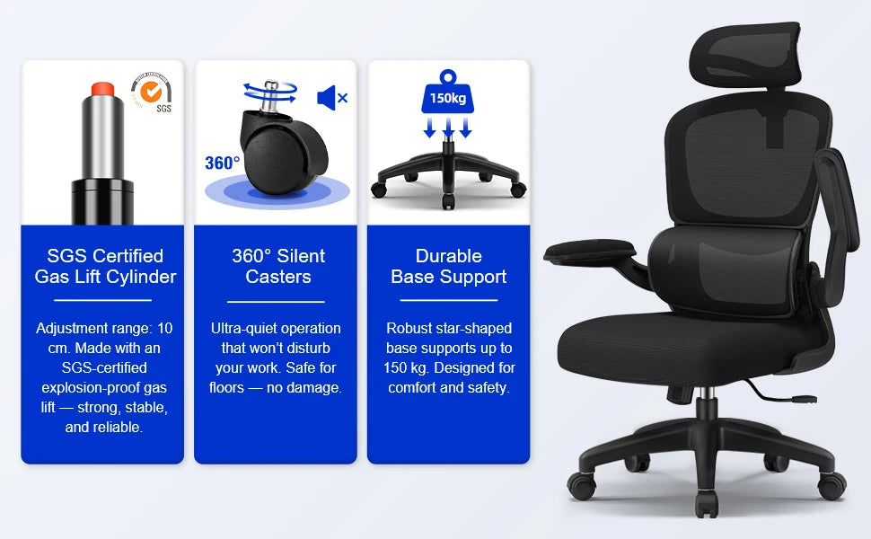 AUTHMIC Ergonomischer Bürostuhl -135 °   Liege- und höhenverstellbarer Sitz, klappbare Armlehnen, verstellbare Kopfstütze, Heimbürostuhl