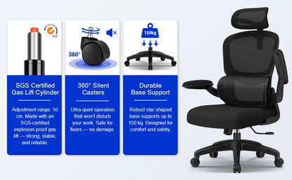 AUTHMIC Ergonomischer Bürostuhl -135 °   Liege- und höhenverstellbarer Sitz, klappbare Armlehnen, verstellbare Kopfstütze, Heimbürostuhl