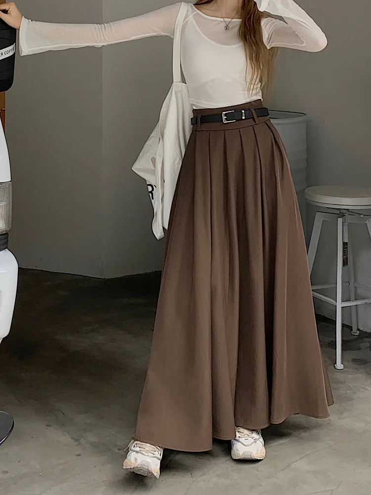 Qiukichonson Grey Midi Long Skirts Womens Maxi Skirt 2023 Autumn Winter Suit Skirt Goth Lolita High Waist Ruffle Pleated Skirts.