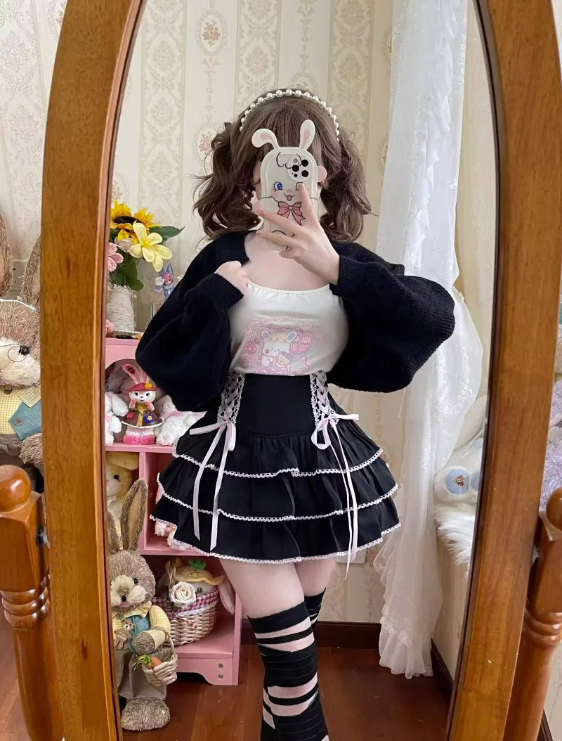 Japanese Kawaii Lolita Style Pleated Skirts Women High Waist Pink Bandage Fairy Y2k Aesthetic Skirt Cute Faldas Mujer Moda 2024.