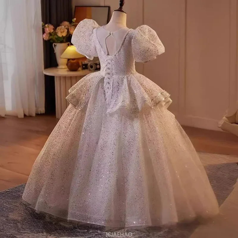 2025 Mädchen Neue Mode Prinzessin Kleid Große Kinder Weiß Klavier Leistung Puffy FormalParty WearParty Tragen Kleid Host Outfit Geburtstag.