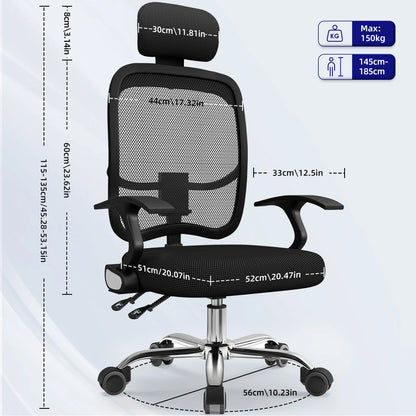 Daccormax Ergonomischer Bürostuhl, Mehrpunktstütze, verstellbare, atmungsaktive Netzrückenlehne, drehbarer Computer-Schreibtischstuhl mit Kopfstütze