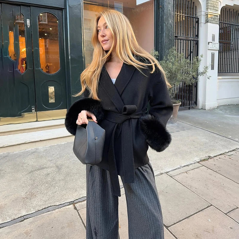 Tornova 2025, neuer Fuchspelz-Wollmantel für Damen, kurzer Mantel, Bürodame, abnehmbar, elegant, doppelseitiger Wollmantel, Strickjacke.