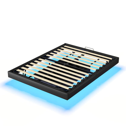 Lazyspace 160 x 200 cm großes Doppelbett mit Stauraum, schwebendes Bett ohne Kopfteil, Unterbett mit LED-Leuchten, schwarzes PU, ohne Matratze