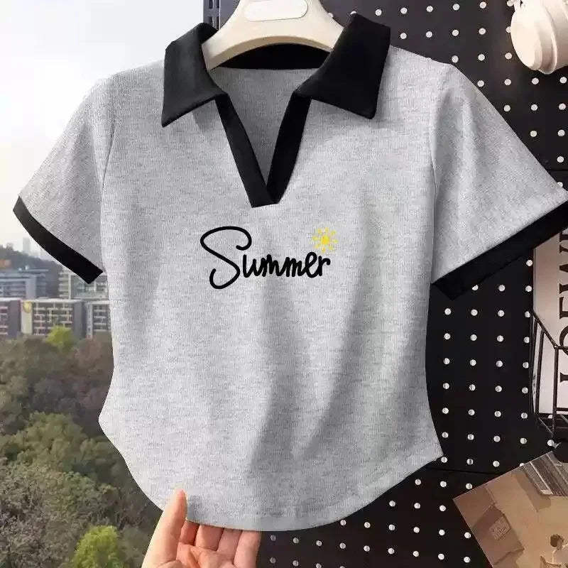 Color Block Polo Neck T-Shirt Women Short Sleeve Classic Lettering Slim Fit V-Neck Top Short Style Cotton Casual Summer New