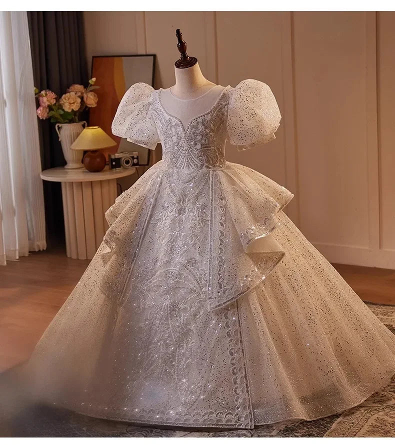 2025 Mädchen Neue Mode Prinzessin Kleid Große Kinder Weiß Klavier Leistung Puffy FormalParty WearParty Tragen Kleid Host Outfit Geburtstag.