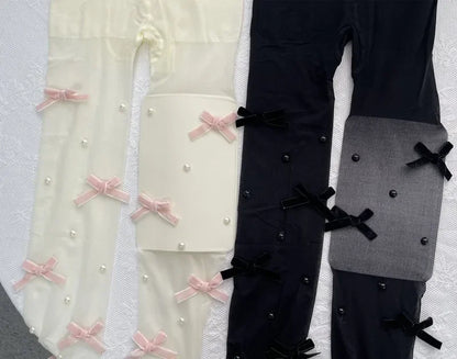 Sweet Pure Desire Butterfly Knot Stockings Pearl Pantyhose Women's Ultra Thin Any Cut Anti Snag Long Tube Socks.