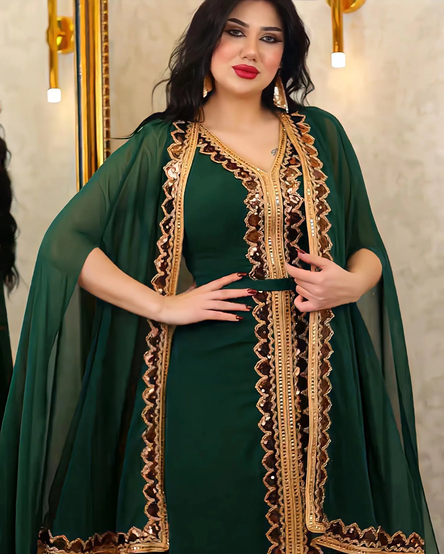 Elegant Muslim Abaya for Women Dress 2 Piece Set Chiffon Cloak Caftan Indian Party Dresses Sequins Kinono Robe Vestidos Abayas.