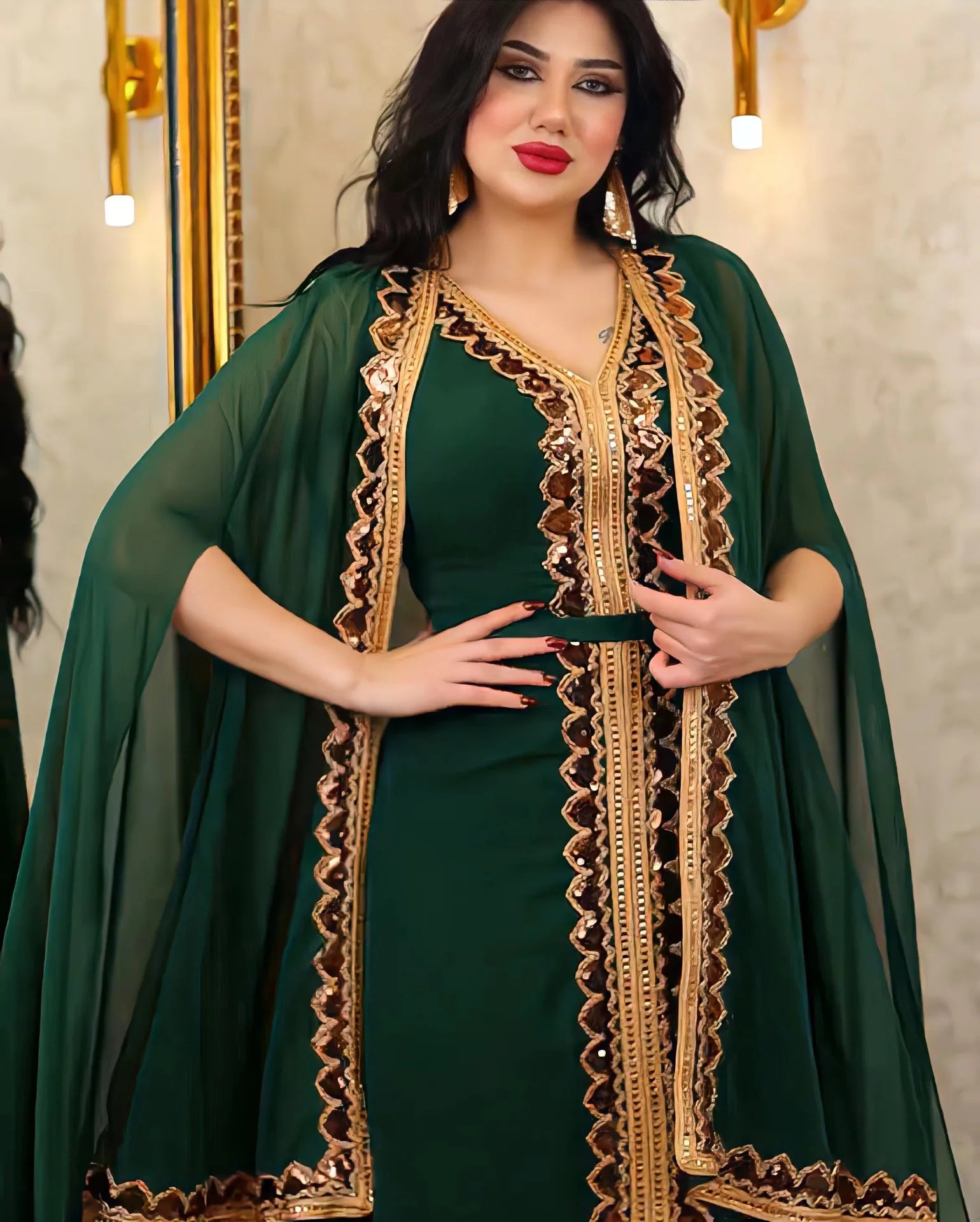 Elegant Muslim Abaya for Women Dress 2 Piece Set Chiffon Cloak Caftan Indian Party Dresses Sequins Kinono Robe Vestidos Abayas.
