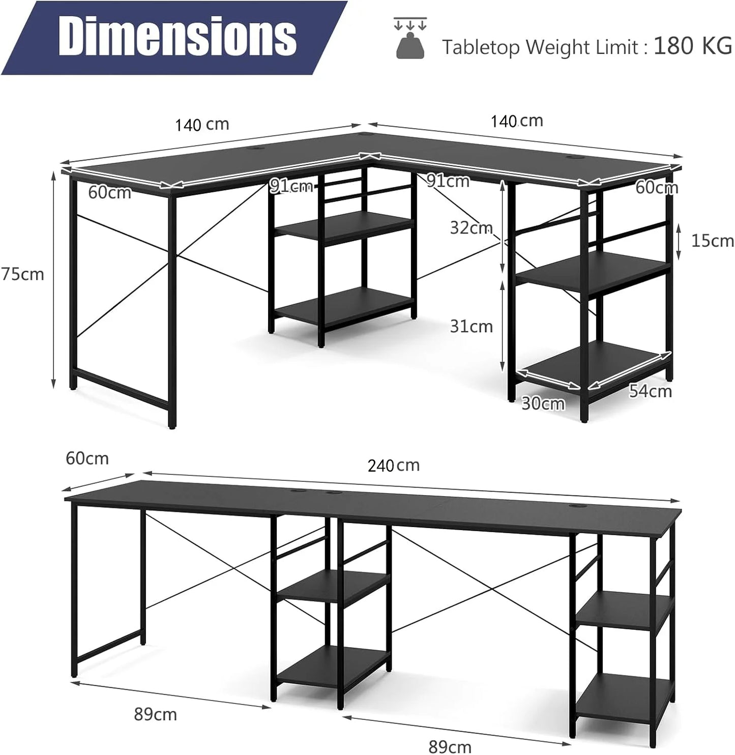 L-förmiger Schreibtisch Computertisch mit Regal, großer Arbeitsplatz, Home Office Gaming Tisch, höhenverstellbar, Schwarz