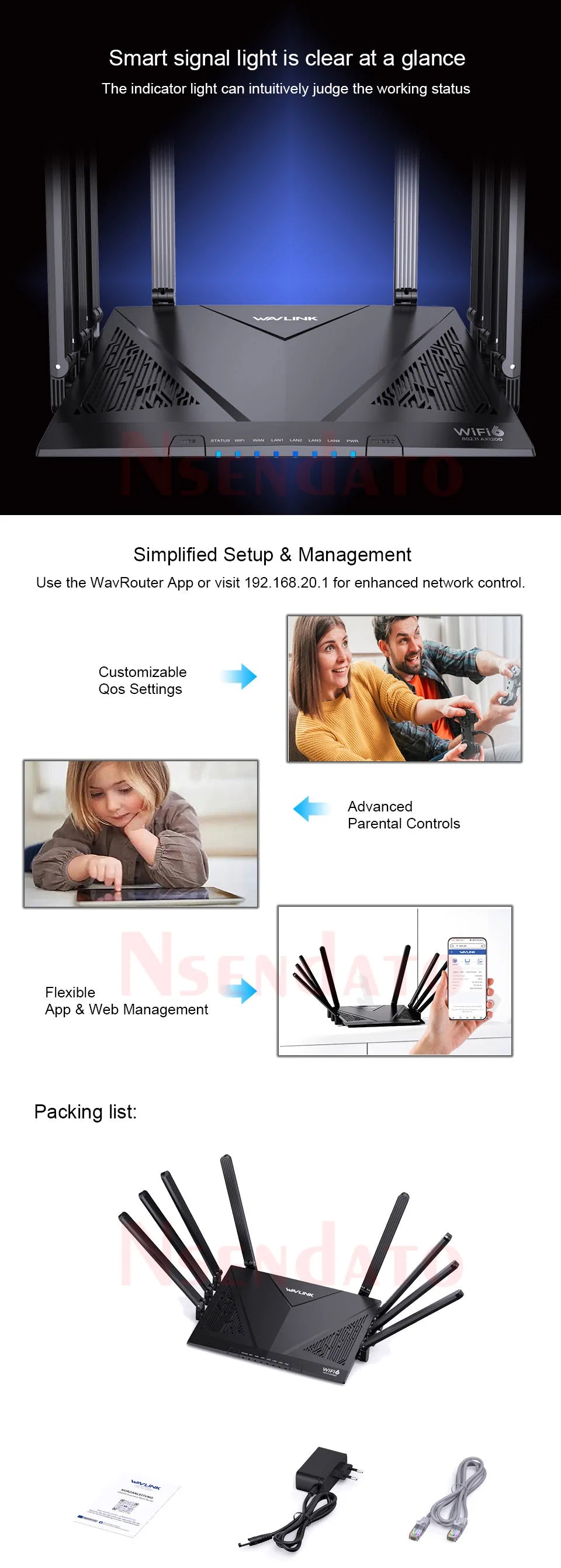 WAVLINK AX6000 WiFi 6 Dual Band Mesh Router with 4x1000Mbps 2.5Gbps WAN/LAN With Wifi Game Mesh/Router/AP/Reapter Mode For Home.