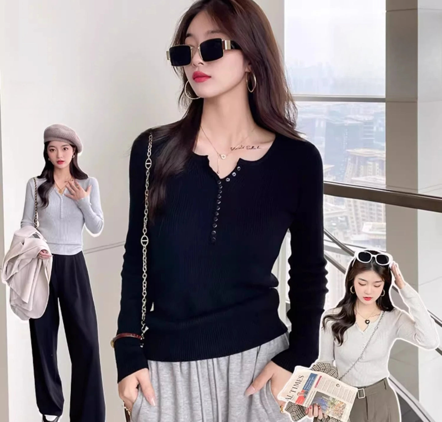 2025 frauen Solide Strick Pullover Herbst Winter Pullover V-ausschnitt Taste Langarm Schlank Pullover Koreanische Casual Basis Schicht Y2k.