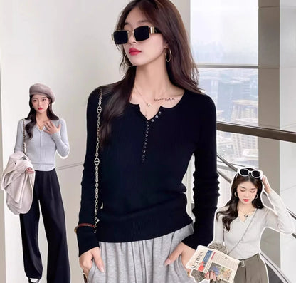 2025 frauen Solide Strick Pullover Herbst Winter Pullover V-ausschnitt Taste Langarm Schlank Pullover Koreanische Casual Basis Schicht Y2k.