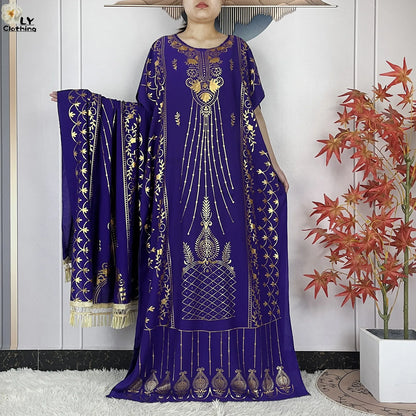 2023 New Muslim Summer Short Sleeve Robe Gold Stamping Boubou Maxi Women Femme Loose Dress With Big Scarf African Abaya Clothes