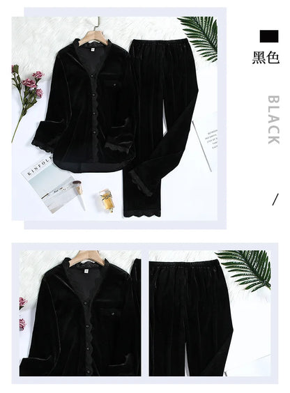 Fdfklak 2Pcs Gold Velvet Pajamas Set For Women Warm Pyjama Sexy V-Neck Lace Homewear Autumn Winter New Pijamas Long Pant.