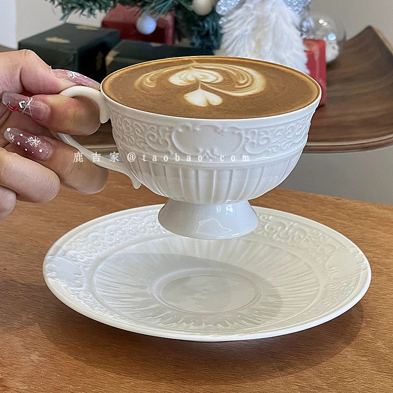 French Retro Relief Flower Cup and Dish Set, Ceramic Coffee Cup, Afternoon Tea Latte Cup, Artistic Home Decoration, Holiday Gift.